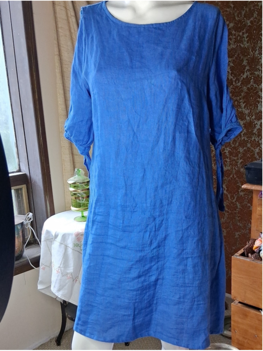 Valentina Cobalt Blue Linen Tie-Sleeve Tunic L
